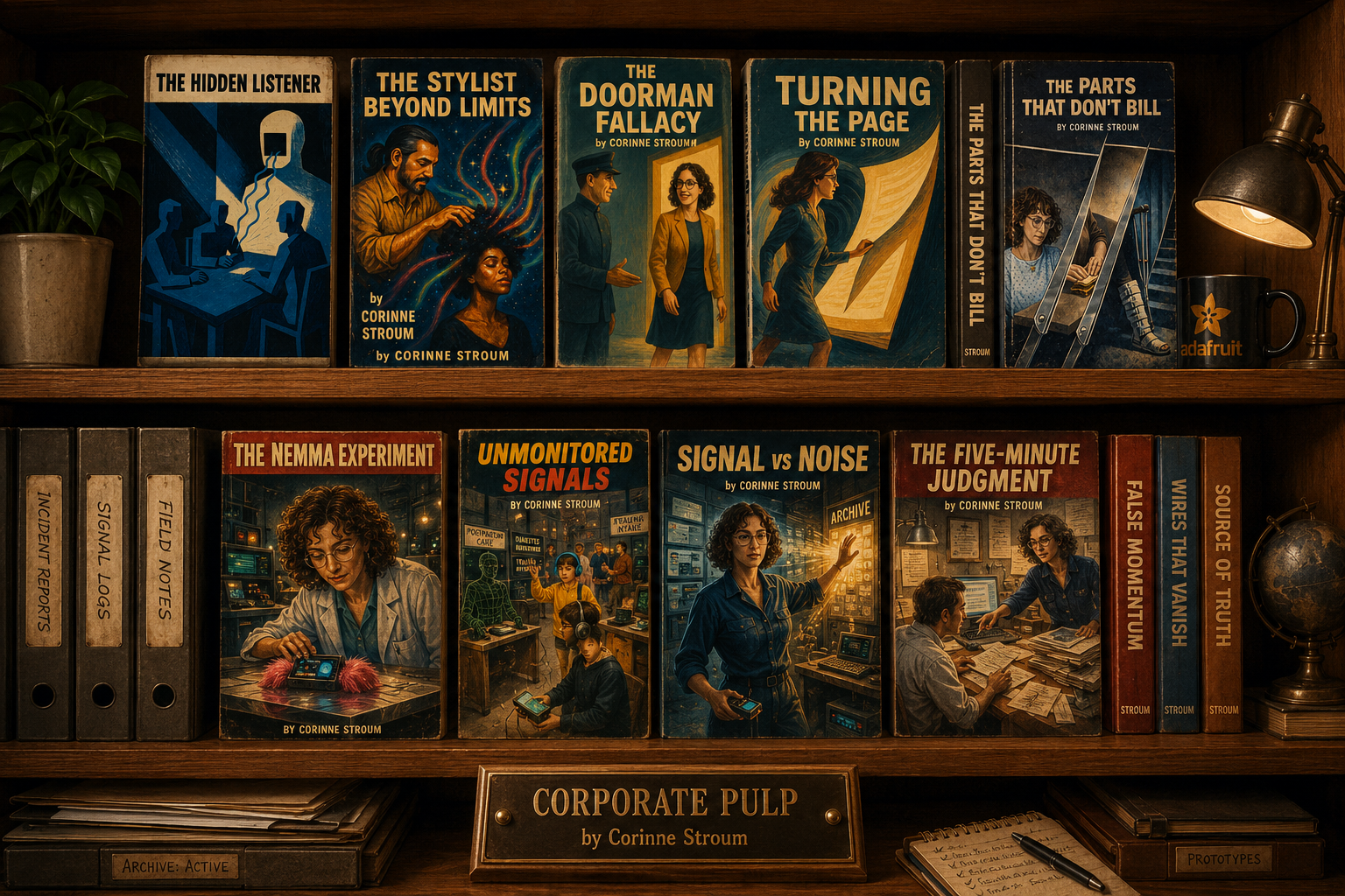 Shelf of illustrated pulp-novel covers titled Corporate Pulp by Corinne Stroum